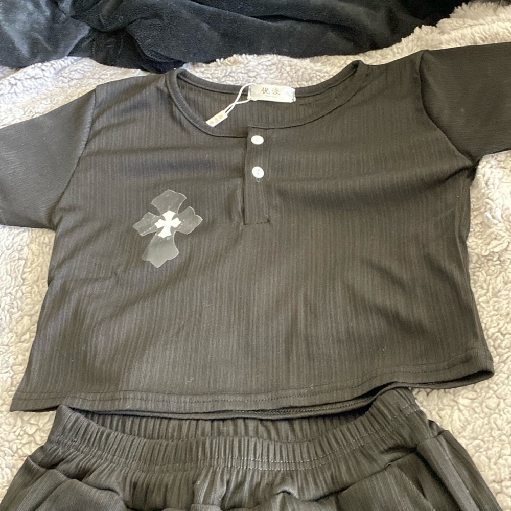 Crop top blouse and bell bottom pants